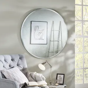 Circular Simplistic Mirror With Bevelled Edge Round Shape Black Frame 100X100 Cm, Wall Mounted For Hallways, Living, Dressing Room