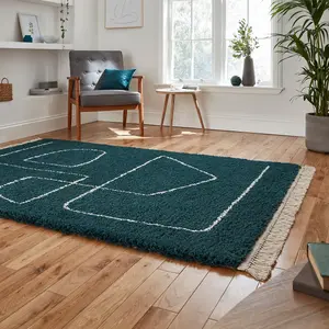 Dark Green Abstract Kilim Modern Shaggy Moroccan Dining Room Rug-120cm X 170cm