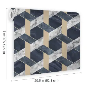 Contour Blue Metallic effect Geometric Smooth Wallpaper