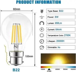 Extrastar 8W LED Filament Light Bulb B22, 2700K