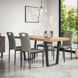 Aria Dining Table And Chairs -  Oak Effect Table Top w Black Legs + Monza Linen Dining Chair Set Of 4 (Grey)