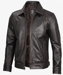 Brown Vintage Leather Jacket - Mens Shirt Collar Leather Jacket