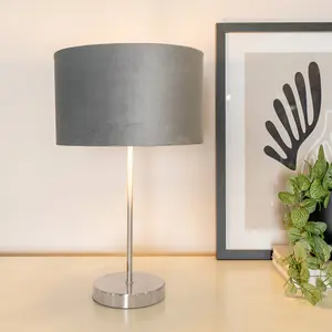 ValueLights Charles Chrome Stem Table Lamp with Grey Velvet with Chrome Inner Lamp Shade