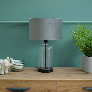 ValueLights Jessy Glass and Black Metal Bedside Table Lamp with a Grey Velvet Lampshade - Bulb Included