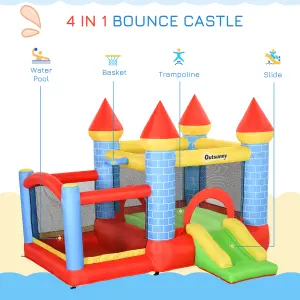 Outsunny Kids Bouncy Castle House Inflatable Trampoline Slide Water Pool Basket 4 in 1 with Blower for Kids Age 3-8 Castle Design