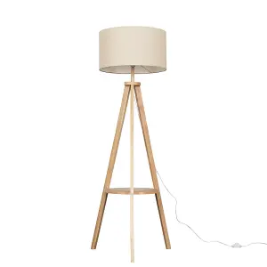 ValueLights Morrigan Light Wood Tripod Design Floor Lamp with Storage Shelf & Beige Drum Shade - Includes 6w LED Bulb 3000K