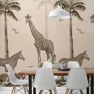 Grandeco Beige Animals Matt Mural