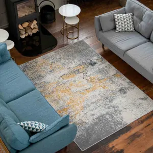 Silver Grey Ochre Distressed Abstract Area Rug 80x150cm