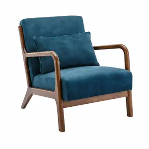 sweeek. Scandi-style armchair in velvet and light walnut-stained hevea wood Lorens velvet Petrol Blue 65x80x79 cm