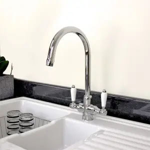 Astini Colonial Chrome & Double White Ceramic Handle Kitchen Sink Mixer Tap