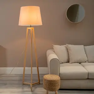 ValueLights Lottie Natural Wood Tripod Floor Lamp with Pink Tapered Shade