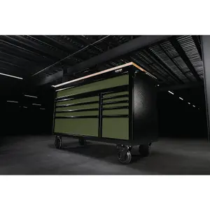 BUNKER Workbench Roller Tool Cabinet, 10 Drawer, 56", Green 08236