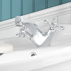 Nes Home Stratford Traditional Basin Cross Head Chrome Mono Mixer Tap + Basin Waste