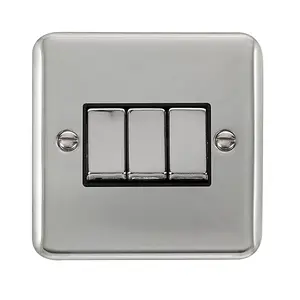 Curved Polished Chrome 10A 3 Gang 2 Way Ingot Light Switch - Black Trim - SE Home