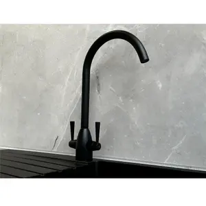 Liquida W05BL Swan Neck Swivel Spout Monobloc Twin Lever Black Kitchen Mixer Tap