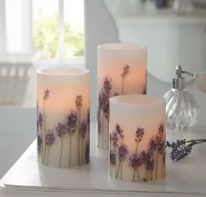 Set of 3 Lavender Floral Design LED Candles - Flame Free Real Wax Battery Powered Decorative LED Candlelights - H10, 12.5 &15cm