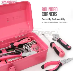 Hi-Spec Pink Steel Metal Barn Tool Box Carry Case: High-Gloss Finish Portable Storage for Everyday Use