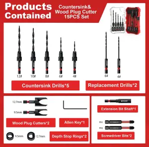 EZARC 80331010 countersink drill bits set 15Pcs tapered drill bits storage box