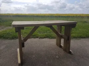 Wooden garden table, Hollies rounded outdoor pinic dining desk (8ft, Rustic brown finish)