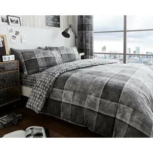 Pinero Cotton Blend Chequered Duvet Cover Set with Pillowcases Grey / Super King - 2 Standard Pillowcases