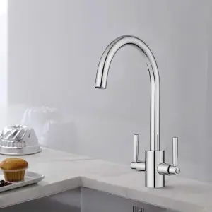 JASSFERRY Swan Neck Kitchen Mixer Tap Two Levers Quarter Turn Handle Chrome