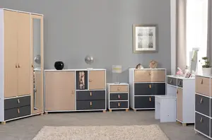 Brooklyn 2 Door 1 Drawer Mirrored Wardrobe in Oak Effect and Grey Finish