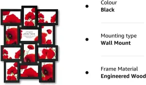 Trendi Large Multi Aperture Picture Photo Frame Holds 12 x 6x4 Inch Photo Frames Collage Picture Wall-Mounted frame  Black