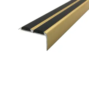 A37 36 x 20mm Anodised Aluminium Non Slip Rubber Stair Nosing Edge Trim With Inserts - Gold With Black Rubber, 0.9m