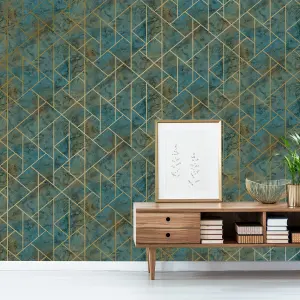 GoodHome Diap Teal Metallic effect Geometric Textured Wallpaper