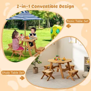 Costway Wooden Octagon Table Set Kids Picnic Table & 4 Chairs w/ Umbrella