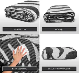 Large Garden Outdoor Rug For Patio, Black & White Tropical Leaf Waterproof Garden Rug 160 x 230cm