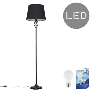 ValueLights Memphis Traditional Style Black Barley Twist Floor Lamp with Black Tapered Light Shade - with LED GLS Bulb