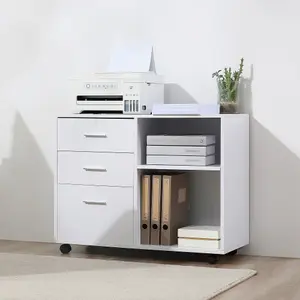 HOMCOM Freestanding Storage Cabinet w/ 3 Drawers 2 Shelves 4 Wheels Office White