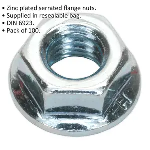 Bulk Pack of 100 Zinc Plated M8 Serrated Flange Nuts - 1.25mm Pitch - DIN 6923