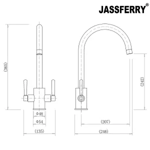 JASSFERRY Swan Neck Kitchen Mixer Tap Two Levers Quarter Turn Handle Chrome