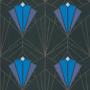 Isadora Blue Gold Art Deco Retro Wallpaper Debona Paste The Wall Glitter Textured Vinyl