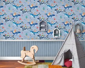 Whale Town Blue Children's Wallpaper