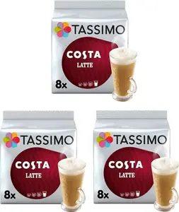 Tassimo Costa Latte Coffee Pods 16 Discs - (Pack Of 3, Total 48 Discs, 24 Drinks)