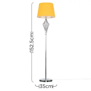 ValueLights Jaspa Chrome Metal Wire Geometric Diamond Design Floor Lamp with Mustard Tapered Shade with LED GLS Bulb in Warm White