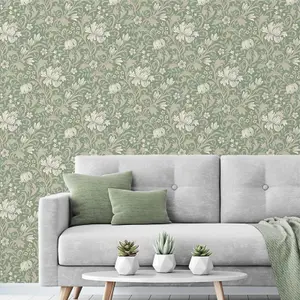 Sage Green Floral Wallpaper Light Blue Leafs Beige Flowers Smooth Matte Grandeco