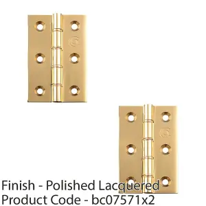 2 PACK - PAIR Double Bronze Washered Butt Hinge - 76 x 50mm Polished Brass Door Fixing