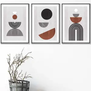 Set of 3 Black Grey Terracotta Abstract Mid Century Geometric Wall Art Prints / 42x59cm (A2) / Dark Grey Frame