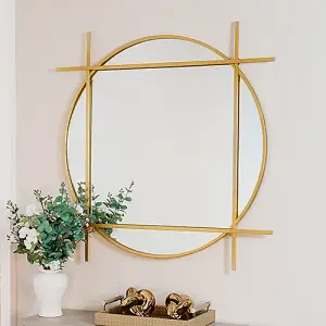 Large Round Gold Wall Mirror with Square Frame 97cm x 97cm