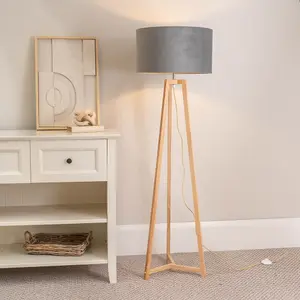 ValueLights Lottie Natural Wood Tripod Floor Lamp with Grey Velvet Drum Shade