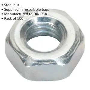 100 Pack Steel Hex Nuts M4 0.7mm Pitch Manufactured to DIN 934 Standards