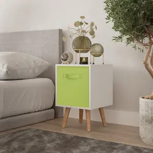 URBNLIVING 50cm Height Green 1-Drawer White Cube Shelving Unit with Scandinavian Beech Legs