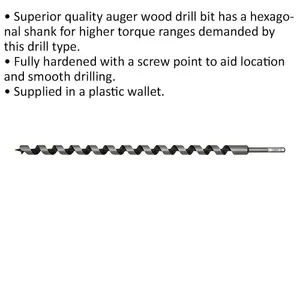 22mm x 600mm Hardened Auger Drill Bit for Woodworking - Hex Shank Design