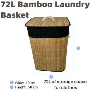 Bamboo Laundry Basket with Lid Liner 72L Folding Washing Clothes Bin Hamper Bag