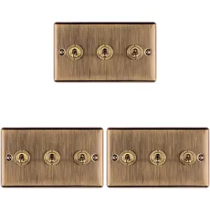 3 PACK 3 Gang Triple Retro Toggle Light Switch ANTIQUE BRASS 10A 2 Way Plate