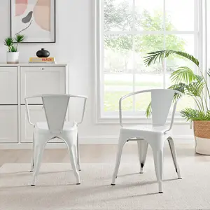 Honora Classic Industrial Metal Dining Chair with Arms - Style Bold Colour Stackable Side Chair (Set of 2) White